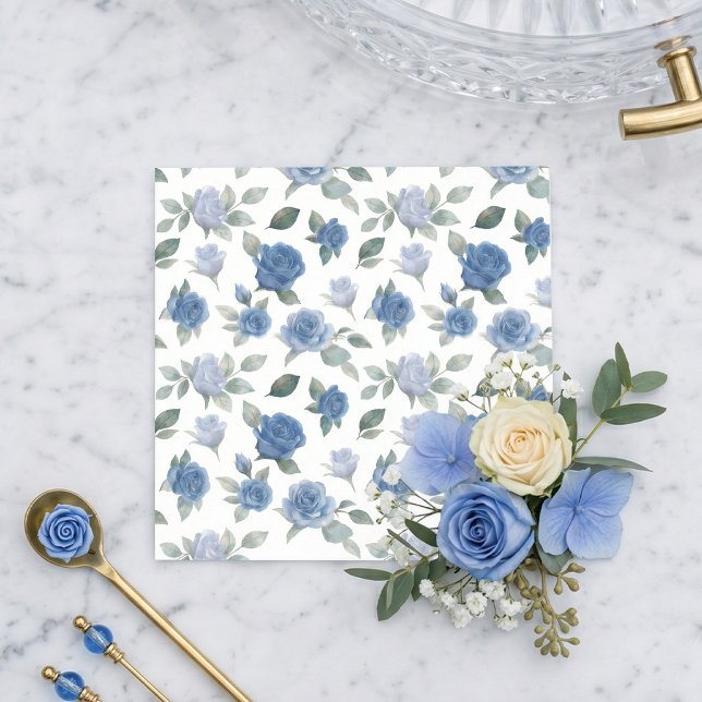 Elegant French Blue Rose Watercolor Pattern Napkin (It’s all in the details! Elegant blue watercolor rose napkins. 💙✨)