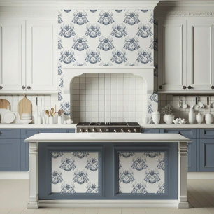 Elegant French Blue Toile Peacock Rabbit Rooster Wallpaper