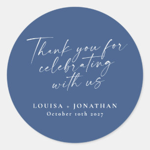 Elegant French Blue Trendy Script Custom Thank You Classic Round Sticker