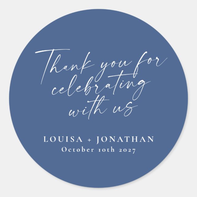 Elegant French Blue Trendy Script Custom Thank You Classic Round Sticker (Front)