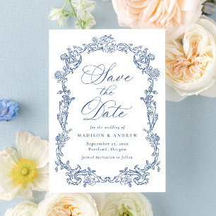 Elegant French Blue Victorian Floral Frame Wedding Save The Date