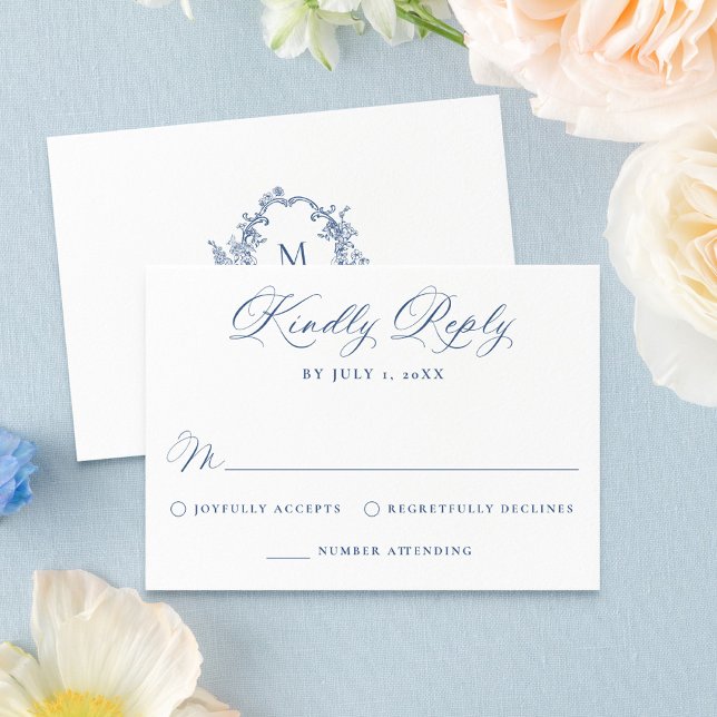 Elegant French Blue Victorian Floral Wedding RSVP Card (Creator Uploaded)