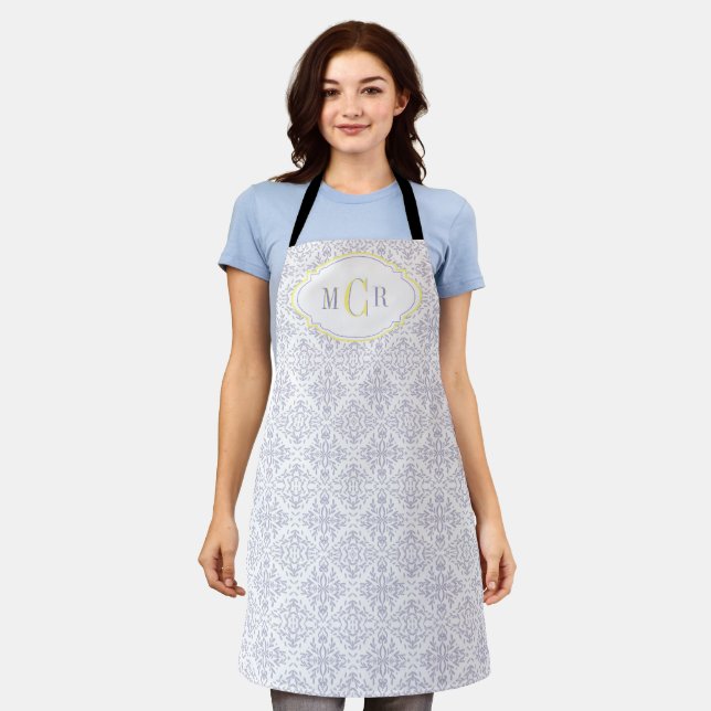 Elegant French Blue White Yellow Damask Monogram  Apron (Worn)
