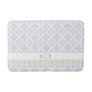 Elegant French Blue White Yellow Damask Monogram  Bath Mat