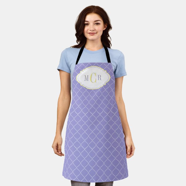 Elegant French Blue White Yellow Trellis Monogram  Apron (Worn)