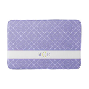 Elegant French Blue White Yellow Trellis Monogram  Bath Mat