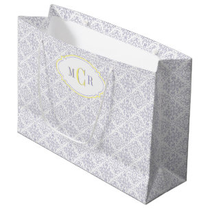 Elegant French Blue Yellow Damask Pattern Monogram Large Gift Bag