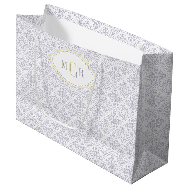 Elegant French Blue Yellow Damask Pattern Monogram Large Gift Bag (Front Angled)