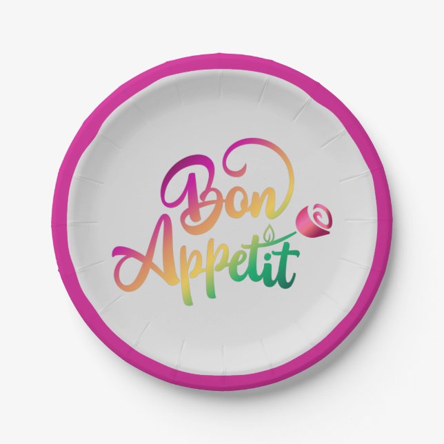 Elegant French Bon Appetite Quote Purple Grey Paper Plate (Front)