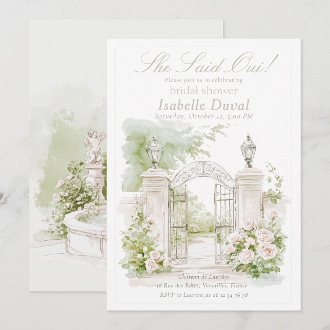 Elegant French Chateau Pastel Bridal Garden Invitation (Front/Back)