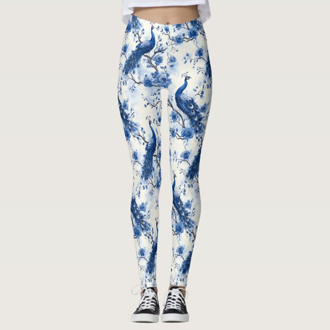Elegant French Chinoiserie Blue Watercolor Peacock Leggings (Front)