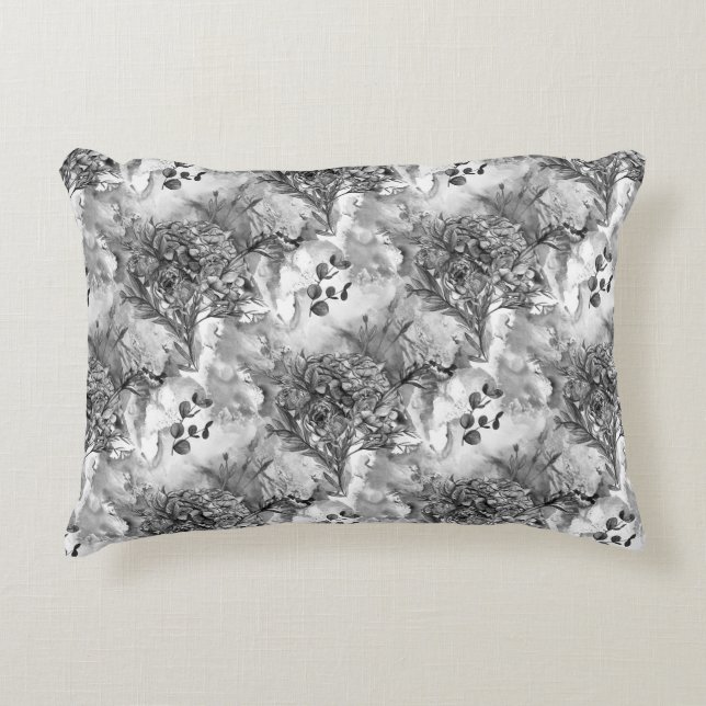 Elegant French Country Black and White Floral Accent Pillow (Front)