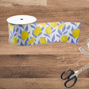 Elegant French Country Lemon Blue Botanical Satin Ribbon