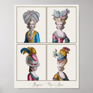 Elegant French Fashion Drawing, Four Hairstyles Poster