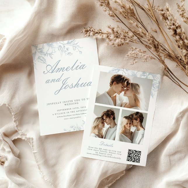 Elegant French FloraL Photo Collage with QR code  Invitation (Creator Uploaded)