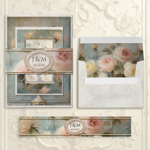 Elegant French Floral Pink Blue Wedding Invitation Envelope