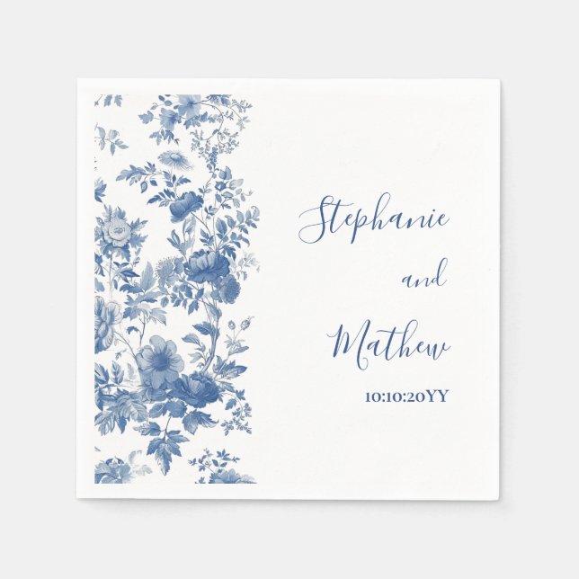 Elegant  French Floral Toile Blue Wedding Napkin (Front)