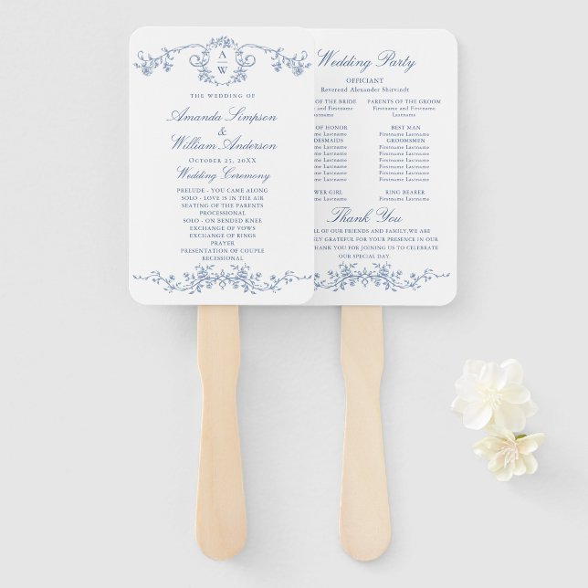 Elegant French Garden Toile Wedding Program Hand Fan (Front and Back)