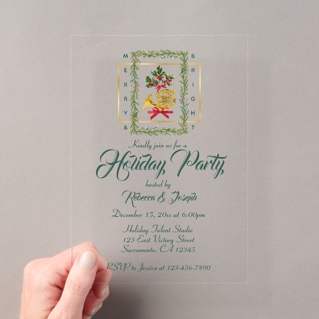 Elegant French Horn Christmas Dark Green Acrylic Invitations (Insitu (Handheld))