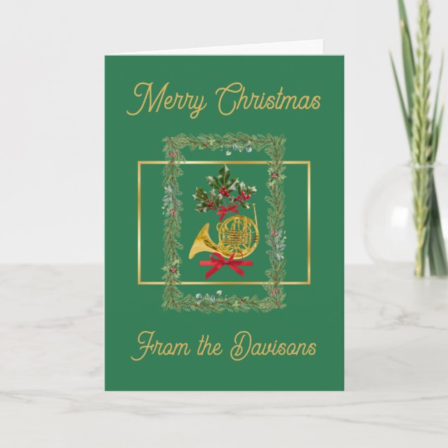 Elegant French Horn Christmas Green Holiday Card (Front)