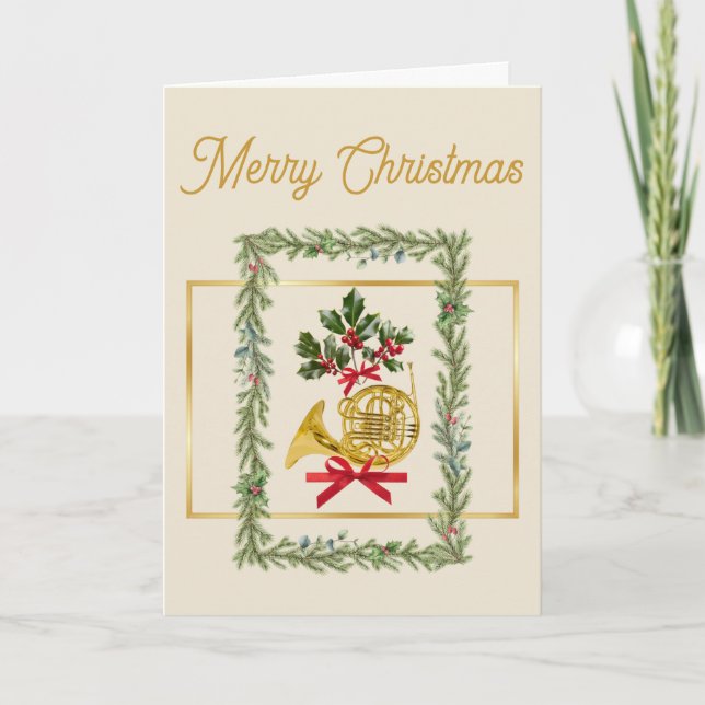 Elegant French Horn Christmas Irish Cream Holiday Card (Front)