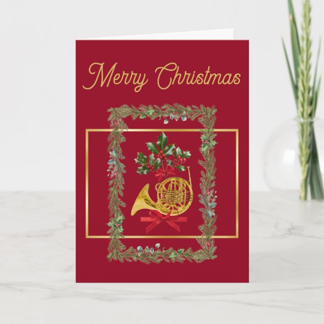 Elegant French Horn Christmas Maroon Holiday Card (Front)