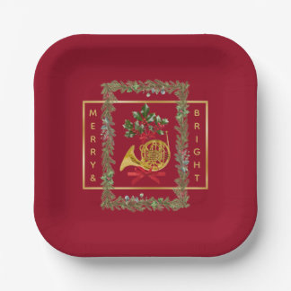 Elegant French Horn Christmas Maroon Paper Plate