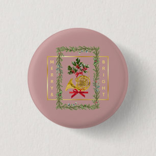 Elegant French Horn Christmas Mauve 1 Inch Round Button