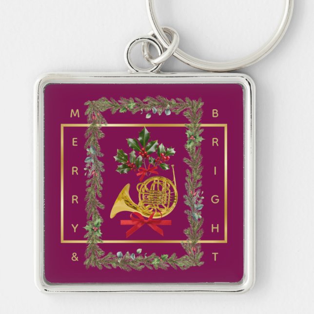 Elegant French Horn Christmas Purple Keychain (Front)