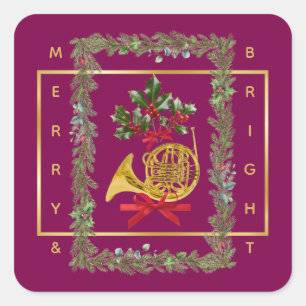 Elegant French Horn Christmas Purple Square Sticker