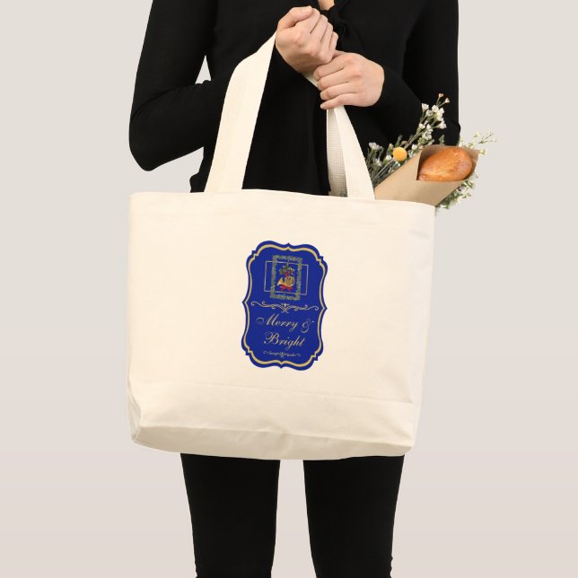 Elegant French Horn Christmas Royal Blue Emblem  Large Tote Bag (Front (Product))
