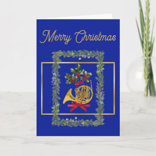 Elegant French Horn Christmas Royal Blue Holiday Card