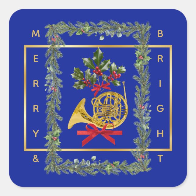 Elegant French Horn Christmas Royal Blue Square Sticker (Front)