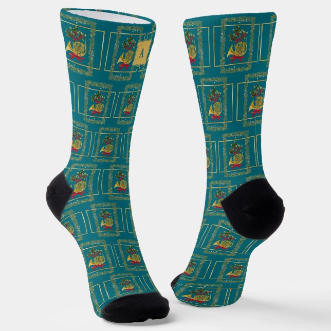 Elegant French Horn Christmas Teal Monogram Socks (Angled)