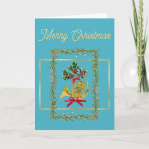 Elegant French Horn Christmas Turquoise Holiday Card