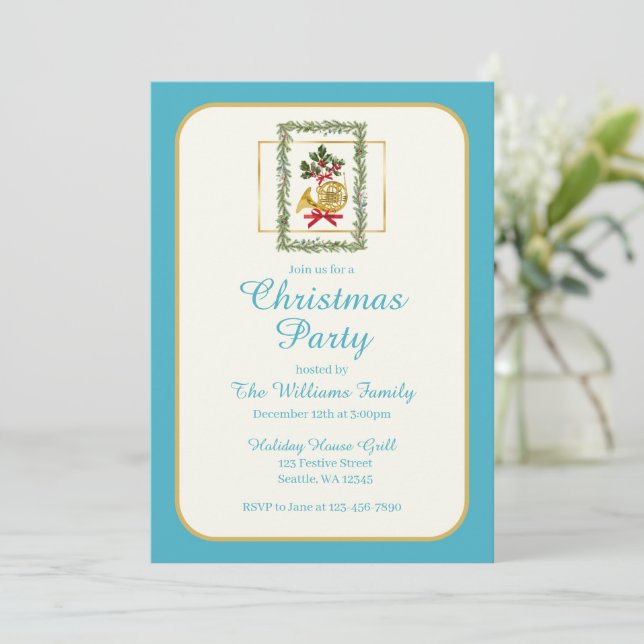Elegant French Horn Christmas Turquoise Invitation (Standing Front)