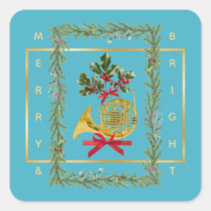 Elegant French Horn Christmas Turquoise Square Sticker