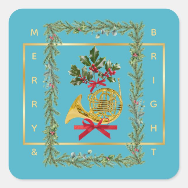 Elegant French Horn Christmas Turquoise Square Sticker (Front)