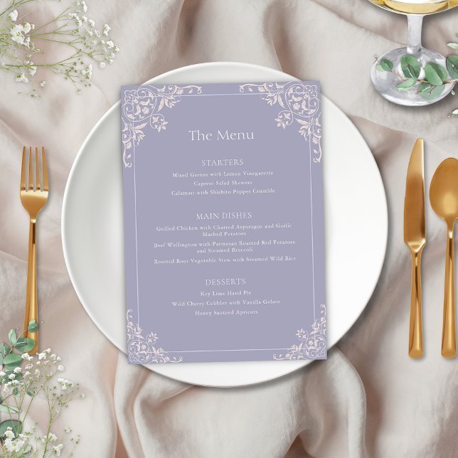 Elegant French Lilac Vintage Frame Wedding Menu (Elegant french lilac wedding menu with vintage lavendar purple and blush pink coastal chic border)