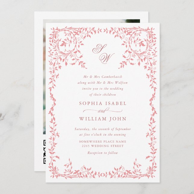 Elegant French Ornate Floral Frame Wedding QR code Invitation (Front/Back)