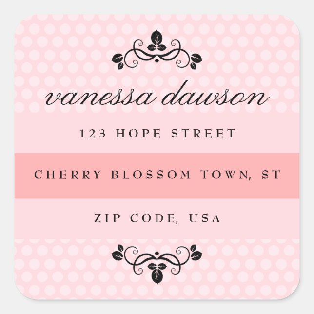 Elegant French Pink Dots Square Address Label (Front)