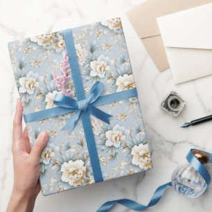 Elegant French Powder Blue, White and Gold Floral Wrapping Paper