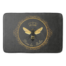 Elegant French Queen Bee Grey Gold Yellow Bath Mat