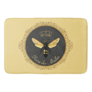 Elegant French Queen Bee Grey Gold Yellow Bath Mat