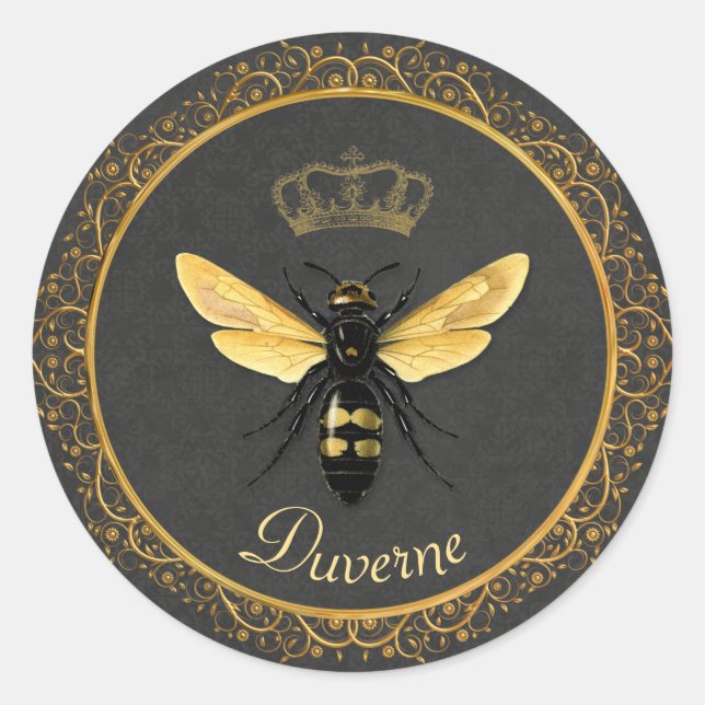 Elegant French Queen Bee Grey Gold Yellow Classic Round Sticker (Front)