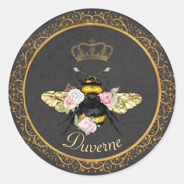 Elegant French Queen Bee Pink Roses Grey Gold  Classic Round Sticker (Front)