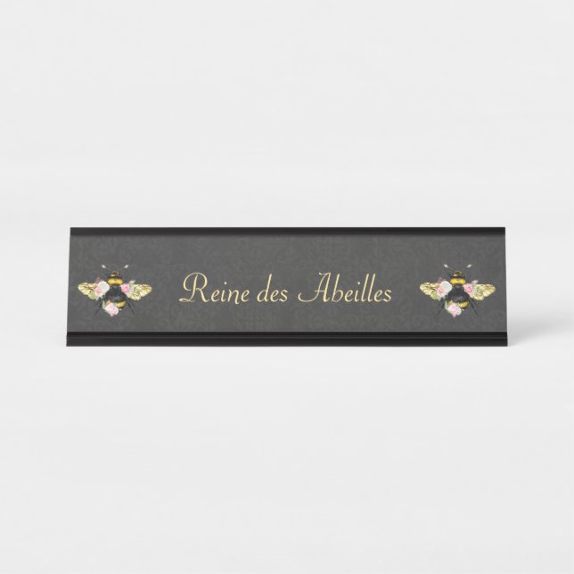 Elegant French Queen Bee Pink Roses Grey Gold Desk Name Plate (Front)