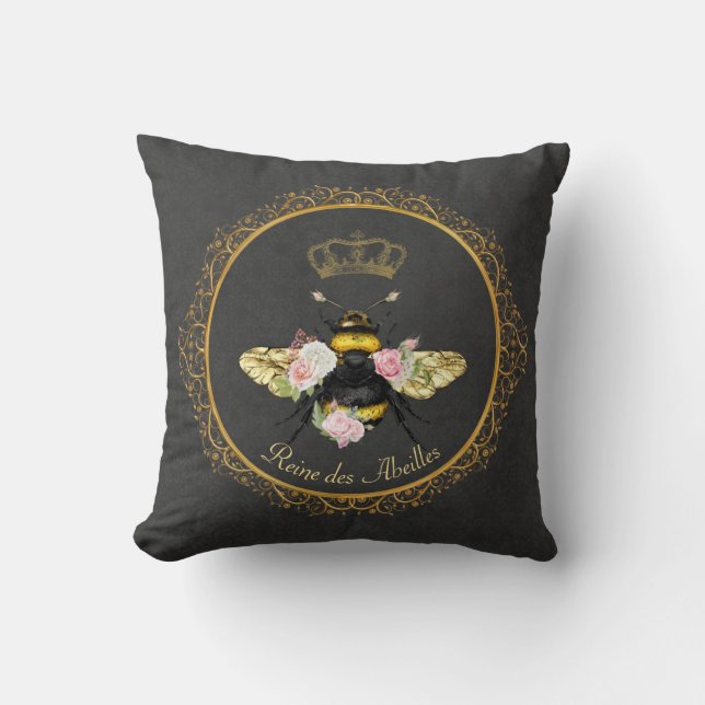 Elegant French Queen Bee Pink Roses Grey Gold Throw Pillow (Front)