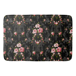 Elegant French Rococo Floral-Black Background  Bath Mat