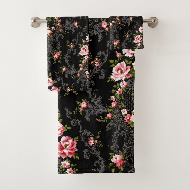 Elegant French Rococo Floral-Black Background Bath Towel Set (Insitu)